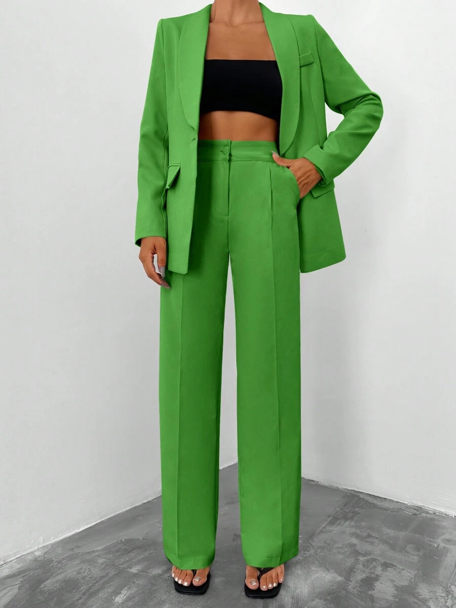 SHEIN 2pcs Women's Solid Color Mandarin Collar Business Suit - Green - View 1