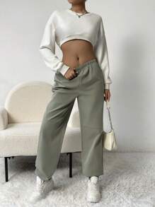 SHEIN Essnce Pantalones unicolor de cintura elástica - Verde - Ver 3