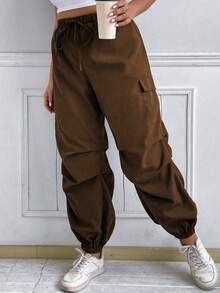 Flirla 大碼側翻蓋口袋腰部抽繩褶邊工裝褲 - 棕色 - 查看 3