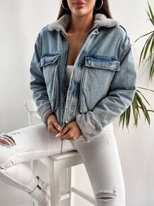 SHEIN Cottnline Fuzzy Collar Flap Pocket Drop Shoulder Denim Jacket - Grey - View 3