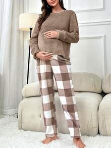 Maternity Buffalo Plaid Adjustable Waist Flannel PJ Set - Brown - View 6