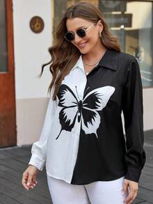 SHEIN LUNE Camisa De Bloques De Color Con Estampado De Mariposas De Talla Grande Para Mujer - Blanco y Negro - Ver 5
