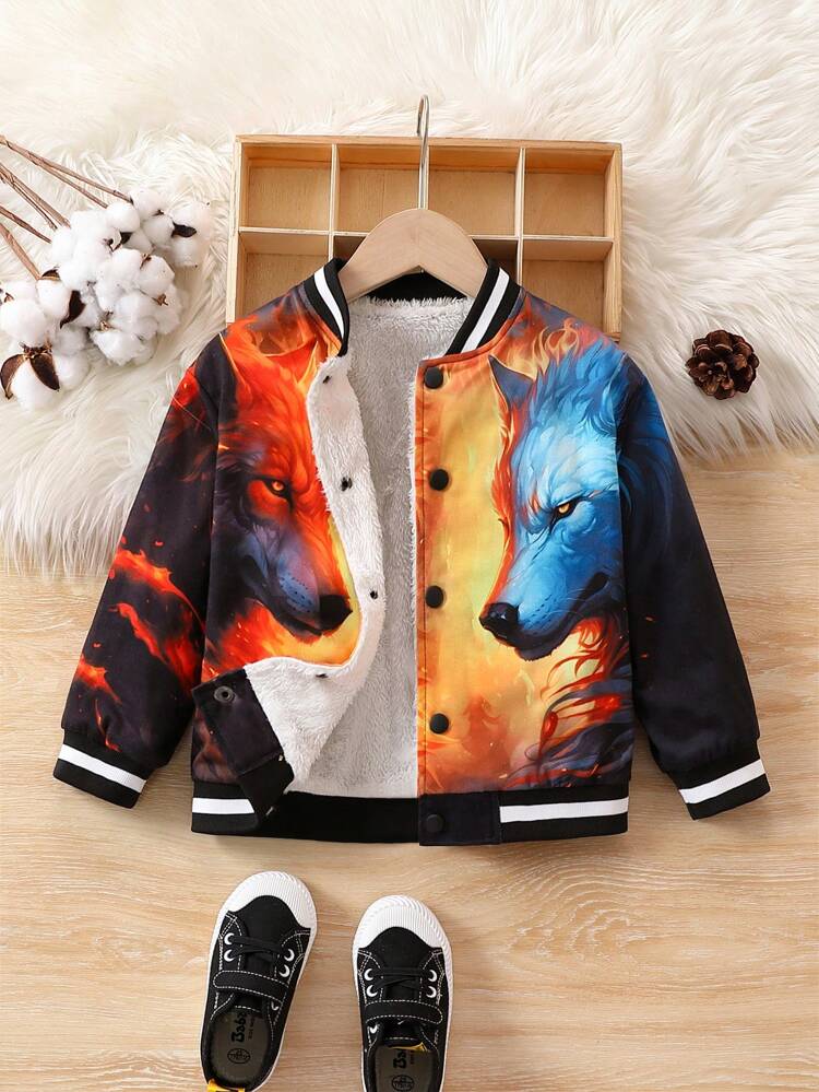 Young Boy Wolf Print Teddy Lined Varsity Jacket
