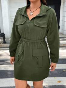 Flirla Plus Flap Pocket Half Zip Hooded Dress - Army Green - View 1