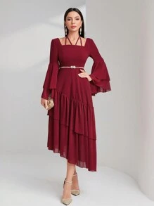 Modelyn Burgundy Red Tie Back Long Flare Sleeve Ruffle Hem Modest Dress Long Evening Dresses - Burgundy - View 4