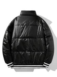 Manfinity LEGND Men Letter Graphic Striped Trim Slant Pockets Padded Coat - Black - View 2