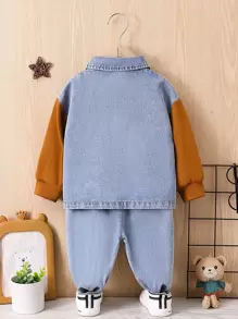 SHEIN Playful Pals Baby Boy 2pcs Cool Denim Jacket With Long Sleeve Shirt And Pants For Autumn - Mocha Brown - View 2