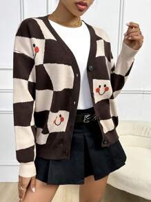 Flirla Checker & Cartoon Pattern Drop Shoulder Cardigan - Multicolor - View 5