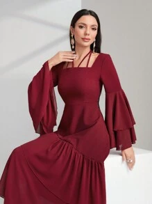 Modelyn Burgundy Red Tie Back Long Flare Sleeve Ruffle Hem Modest Dress Long Evening Dresses - Burgundy - View 5