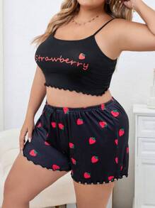 SweetSlumber Plus Letter & Strawberry Print Lettuce Trim PJ Set / Pajama Set - Black - View 3