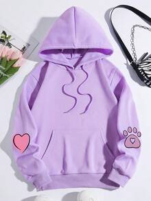 SHEIN EZwear Đồ họa Hoạt hình Túi kangaroo Dây rút Áo hoodie ấm áp - Màu tím - Xem 2