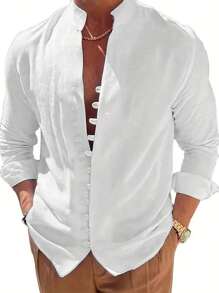 Manfinity Men's Loose Fit Solid Color Button Up Shirt , Slim Long Sleeve Plain All White Work - White - View 5