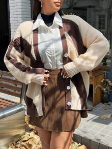 SHEIN EZwear Hơn Khối màu Thả vai Nút phía trước Áo len Mở - Nhiều màu - Xem 4