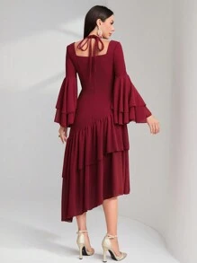 Modelyn Burgundy Red Tie Back Long Flare Sleeve Ruffle Hem Modest Dress Long Evening Dresses - Burgundy - View 2