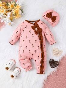 Baby Girl Floral Print Ruffle Trim Flounce Sleeve Jumpsuit & Hat - Pink - View 1