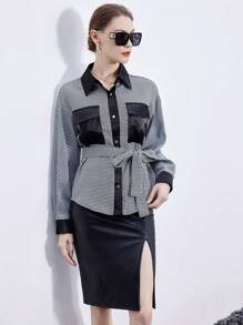 GENKIRA Houndstooth Print Flap Pocket Belted Shirt Fall Cloth For Women - Multicolor - View 1