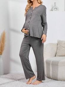 Moonlight&Mama Maternity Button Front Lounge Set For Mother Cozy And Elegant Details, Fall & Winter Clothes Outfit - Dark Grey - View 6