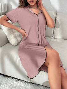 Contrast Stitch Lettuce Trim Split Hem Lounge Dress - Dusty Pink - View 3