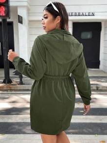 Flirla Plus Flap Pocket Half Zip Hooded Dress - Army Green - View 4