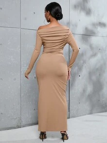 SHEIN Slayr Chất rắn Xù Cổ không đối xứng Váy bodycon - Màu Khaki - Xem 2