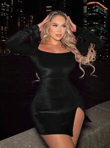 SHEIN SXY Square Neck Flounce Sleeve Split Thigh Bodycon Dress - Black - View 5