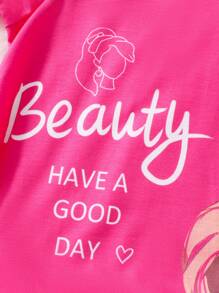 SHEIN 女大童人像圖案連帽衛衣&字母圖案緊身打底褲 - 玫紅色 - 查看 6