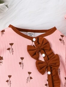 Baby Girl Floral Print Ruffle Trim Flounce Sleeve Jumpsuit & Hat - Pink - View 5