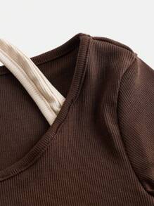SHEIN Teen Girl Two Tone Halter Neck Ribbed Knit 2 in 1 Tee - Brown - View 3