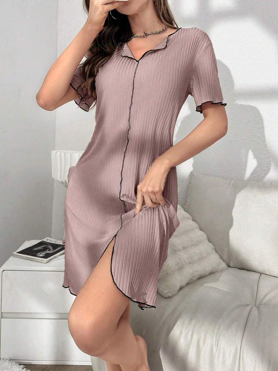 Contrast Stitch Lettuce Trim Split Hem Lounge Dress - Dusty Pink - View 1