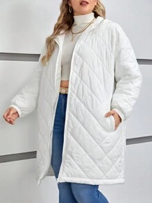 SHEIN LUNE Hơn Dây kéo áo có mũ Áo khoác Quilted - trắng - Xem 5