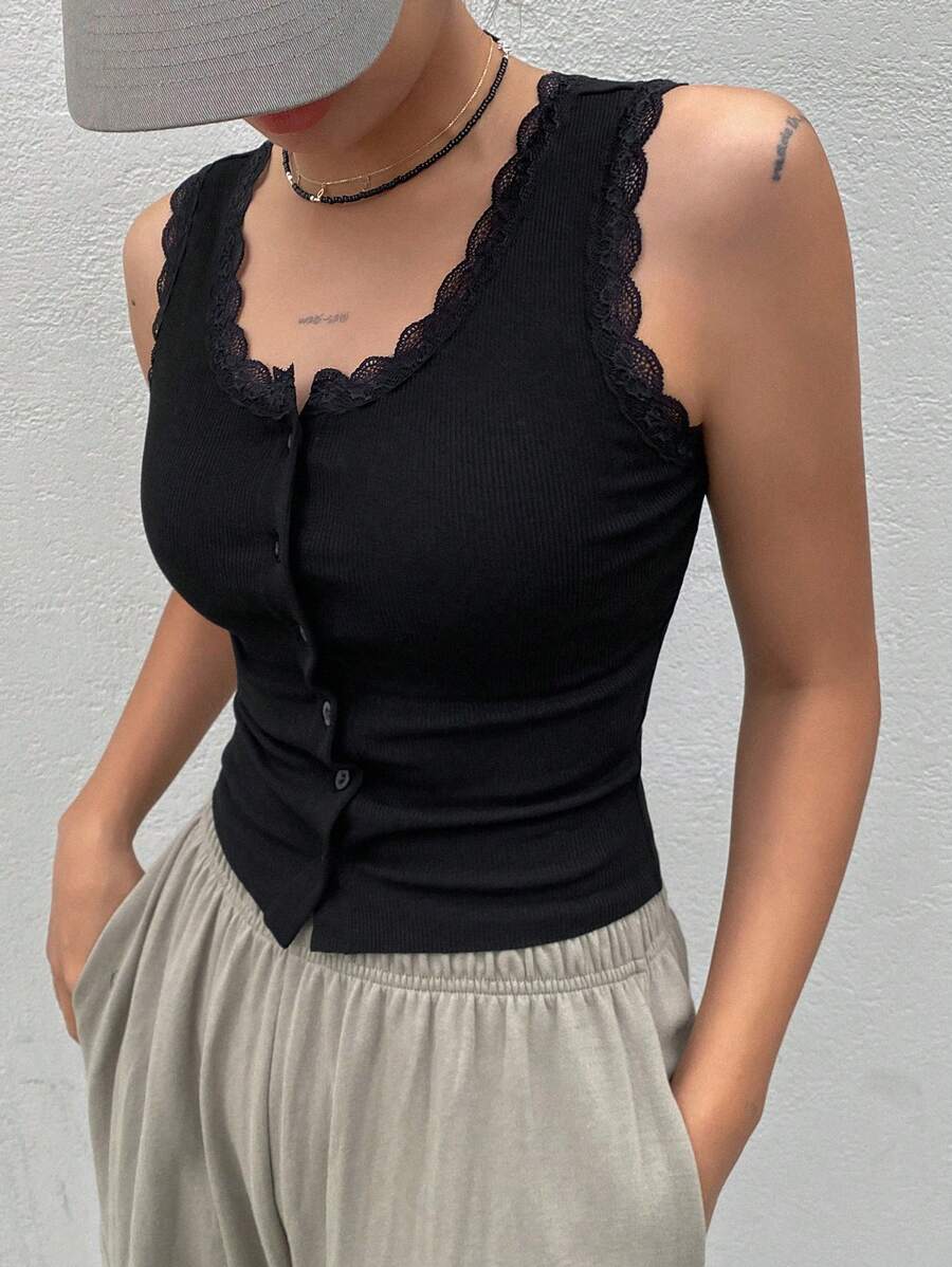 Dazy Star Lace Trim Button Front Tank Top Going Out Tops - Black - View 1