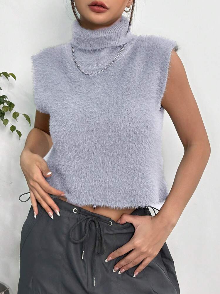 1pc Turtleneck Fuzzy Sweater Vest