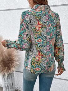 SHEIN LUNE Paisley Print Button Front Shirt - Green - View 2