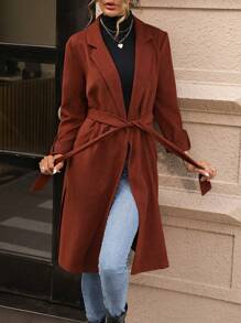 SHEIN LUNE Roll Tab Sleeve Double Button Belted Coat - Rose Red - View 1