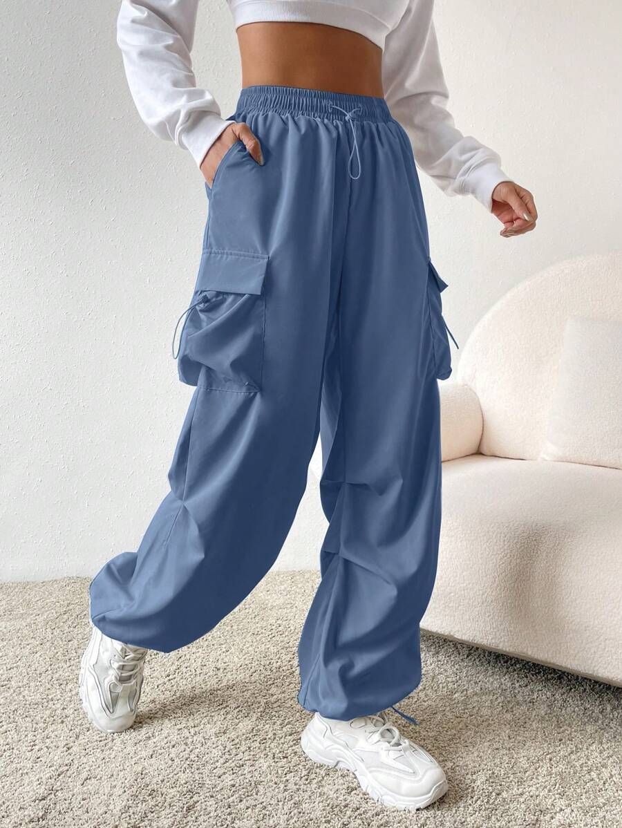 SHEIN EZwear Quần nữ Dây kéo Túi màu trơn Giải trí - Màu xanh lam - Xem 1