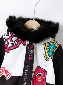 SHEIN Abrigo acolchado con capucha, ribete de borreguillo, gráfico de dibujos animados y letras para niña joven