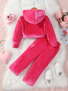 Baby Girl Zip Up Hooded Jacket & Flap Pocket Pants - Hot Pink - View 2