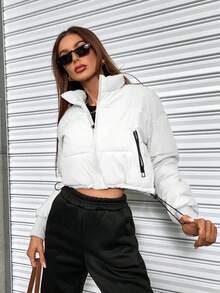 SHEIN EZwear 女士纯色长袖拉链领短款休闲加厚棉服外套，冬季服装 - 白色 - 查看 6