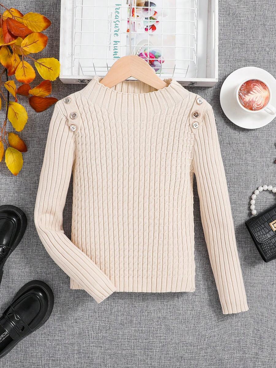SHEIN Cô gái Tween Chi tiết Nút Cổ giả Áo len - Màu Khaki - Xem 1
