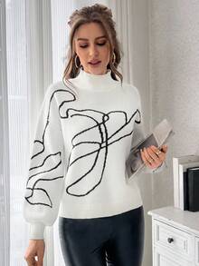 SHEIN Essnce Mẫu đồ họa Cổ giả Thả vai Áo len - Màu be - Xem 6