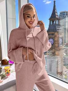 落肩袖抽繩連帽休閒服套裝 - 淺粉色 - 查看 6
