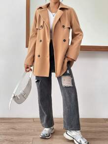 SHEIN EZwear Abrigo De Doble Botonadura Con Solapa Y Mangas Raglán Para Mujeres