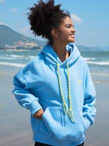 In My Nature Letter Embroidery Kangaroo Pocket Drawstring Outdoor Sweatshirt - Blue - View 4