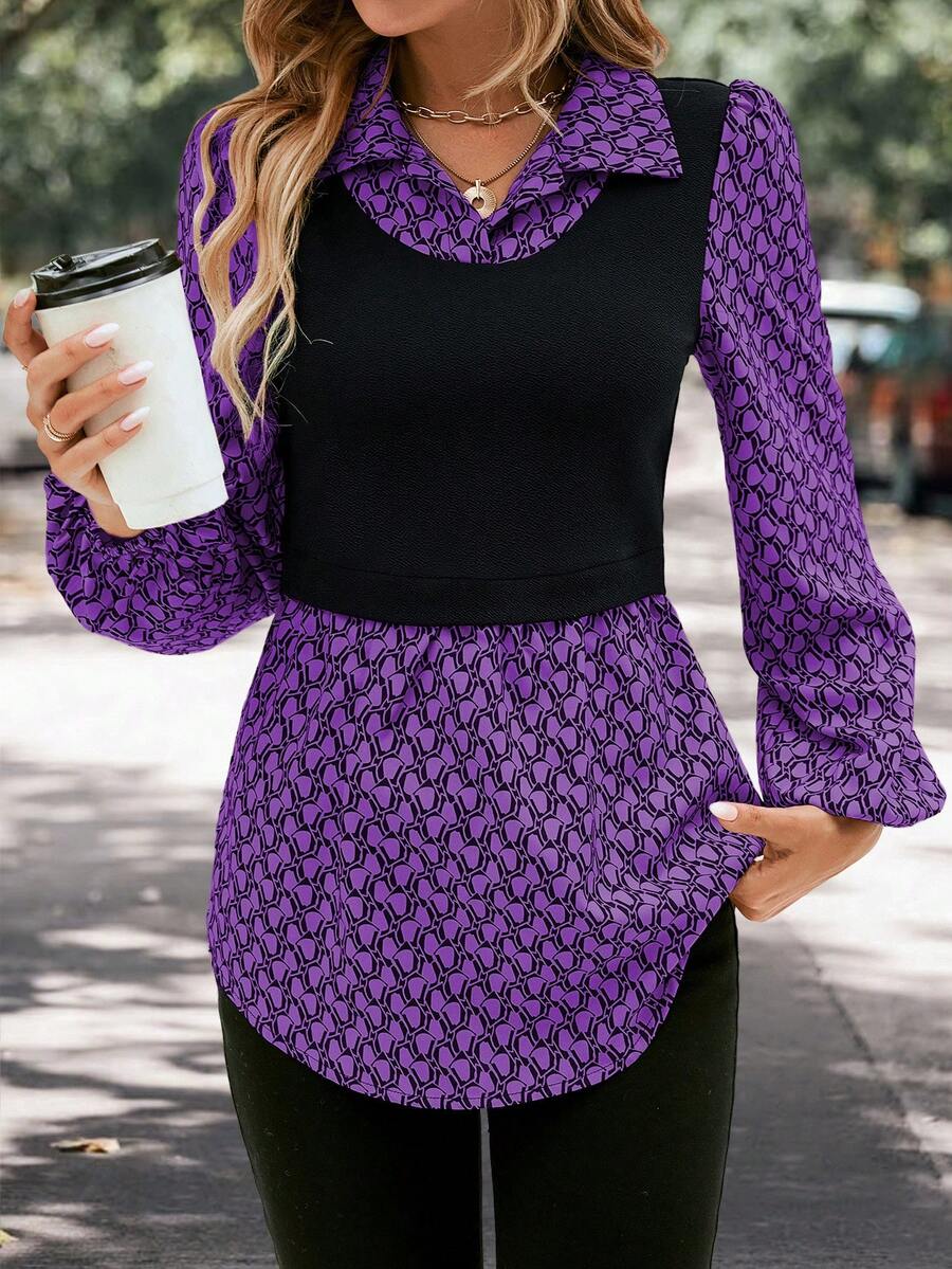 SHEIN LUNE Geo Print Lantern Sleeve 2 In 1 Top - Purple - View 1