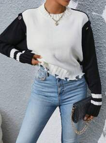 SHEIN LUNE Áo len chui đầu phối màu, vai rớt, viền rách, chất liệu dệt kim, thích hợp cho mùa thu đông. - màu đen - Xem 3