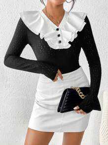 SHEIN Privé Body De Manga Larga Para Mujer Con Cuello Grande Y Color De Contraste