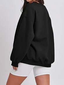 SHEIN EZwear 大碼愛心和字母圖案落肩袖運動衫 - 黑色 - 查看 2