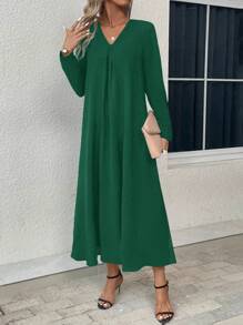 SHEIN LUNE Vestido Liso Con Cuello En V - Verde - Ver 1