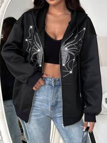 SHEIN Unity Capucha con diamante de imitación araña con estampado de hombros caídos con cordón - Negro - Ver 7