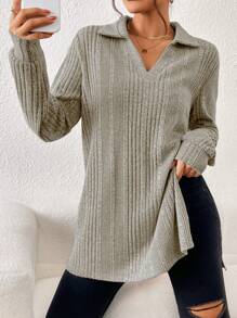SHEIN LUNE Solid Ribbed Knit Split Hem Tee - Apricot - View 3